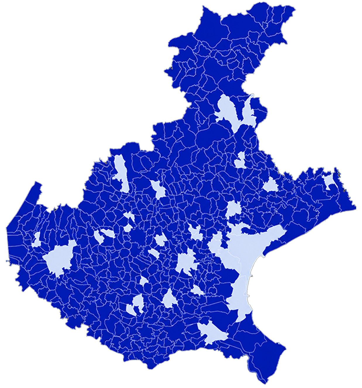 Cartina della Regione del Veneto, in cui sono evidenziate con colore bianco le amministrazioni che hanno beneficiato di assistenza per almeno un supporto a progetto PNRR