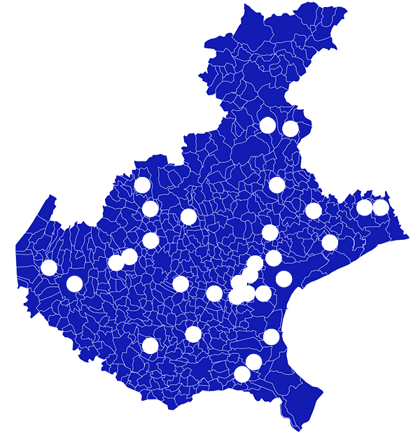 Cartina della Regione del Veneto, in cui sono evidenziati con un circolino bianco i Comuni che hanno beneficiato di assistenza per almeno un supporto a progetto PNRR