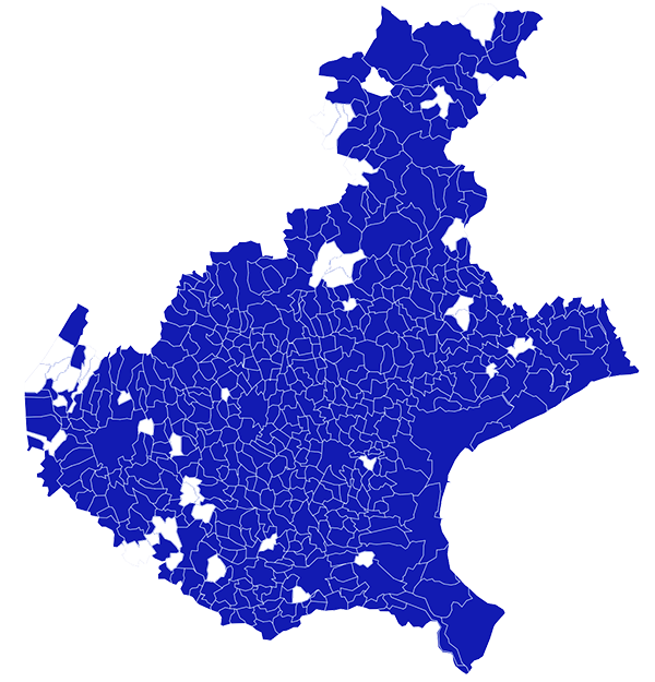 Cartina della Regione del Veneto, in cui sono colorati in blu i territori dei Comuni che hanno partecipato almeno una volta alle attività di monitoraggio