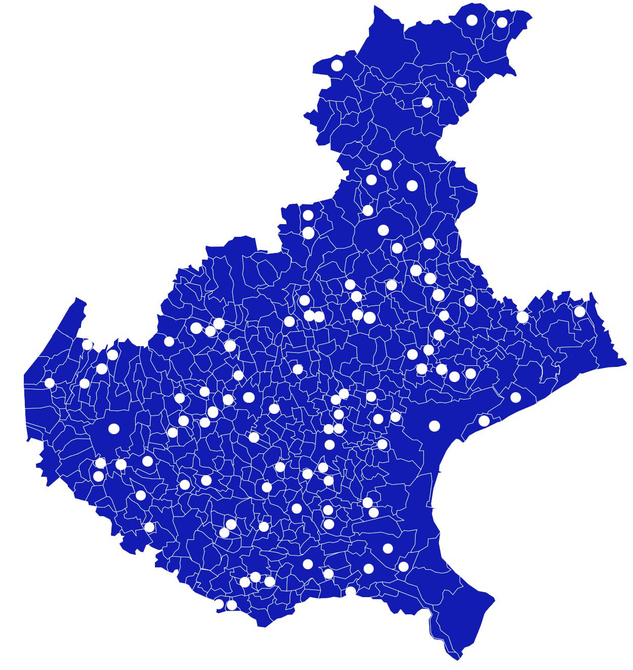 Cartina della Regione del Veneto, in cui sono evidenziati con un circolino bianco i Comuni che hanno beneficiato di assistenza per almeno un quesito in materia di appalti